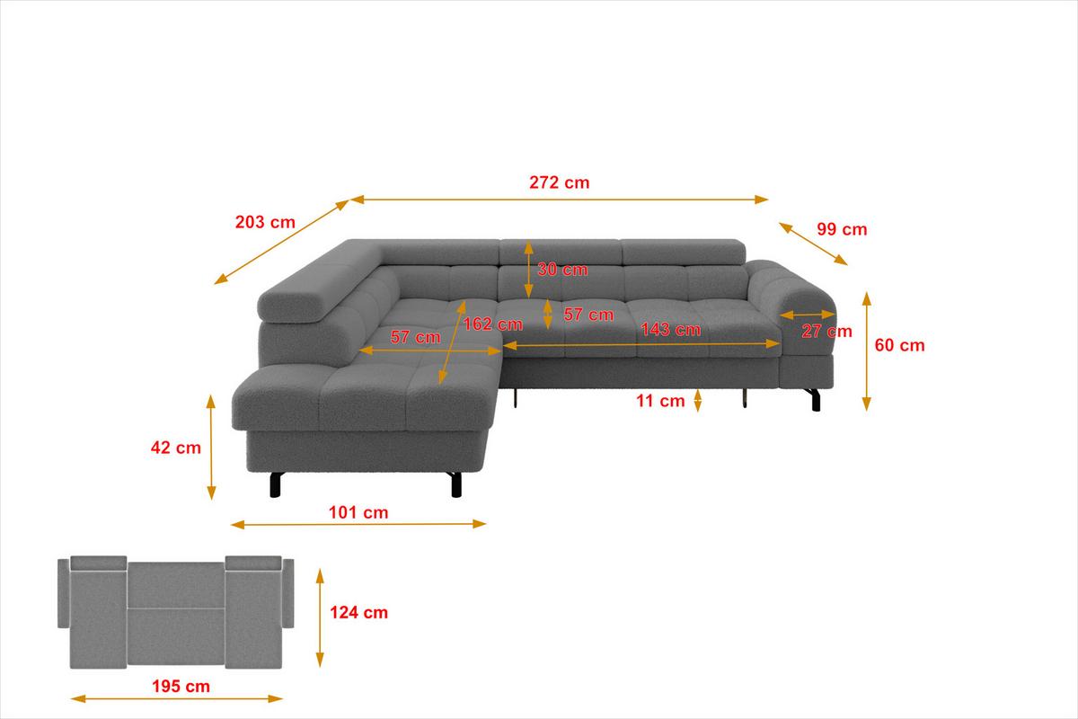ECKSOFA mit Schlaffunktion Ottomane Links LUMA-L 272x203x70 Grau Bouclé - Chromfarben/Schwarz, Holzwerkstoff/Kunststoff (272/203cm) - ALTDECOR