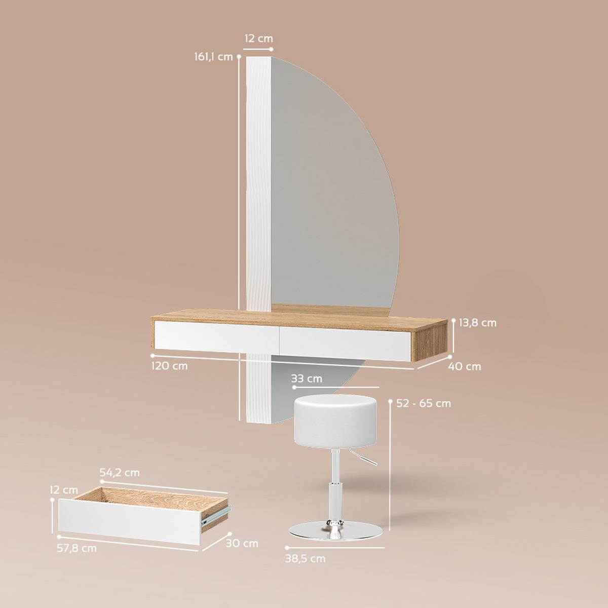 SCHMINKTISCH Ascona Weiß mit LED Beleuchtung und Hocker - Weiß, Holzwerkstoff (120/161.1/40cm) - Livinity®
