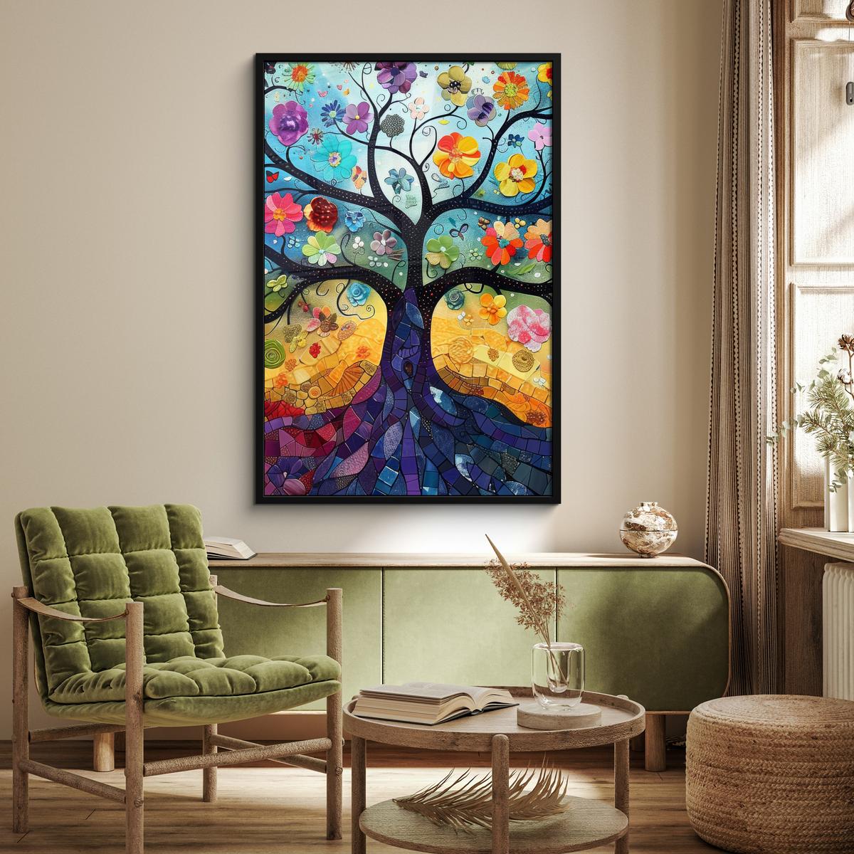 POSTER MIT RAHMEN Kunst - Baum des Lebens - Blumen - Hippie Bilderleiste 80x120 cm - Dunkelblau, Papier (80/120cm) - MuchoWow