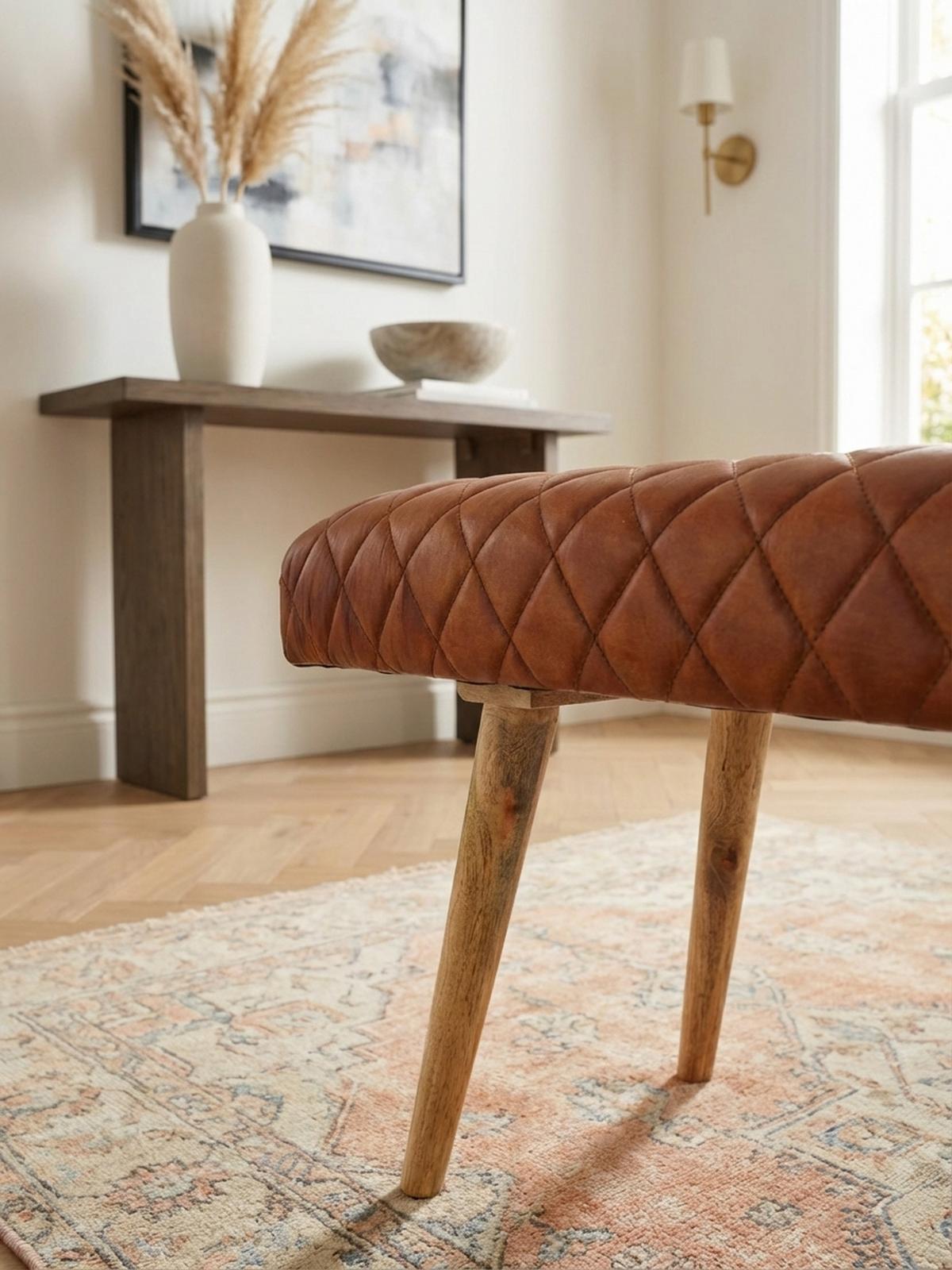 SITZBANK – Echtleder/Holz, Springbock-Stil - Braun, Mangoholz/Leder (115/53/38cm) - KADIMA DESIGN