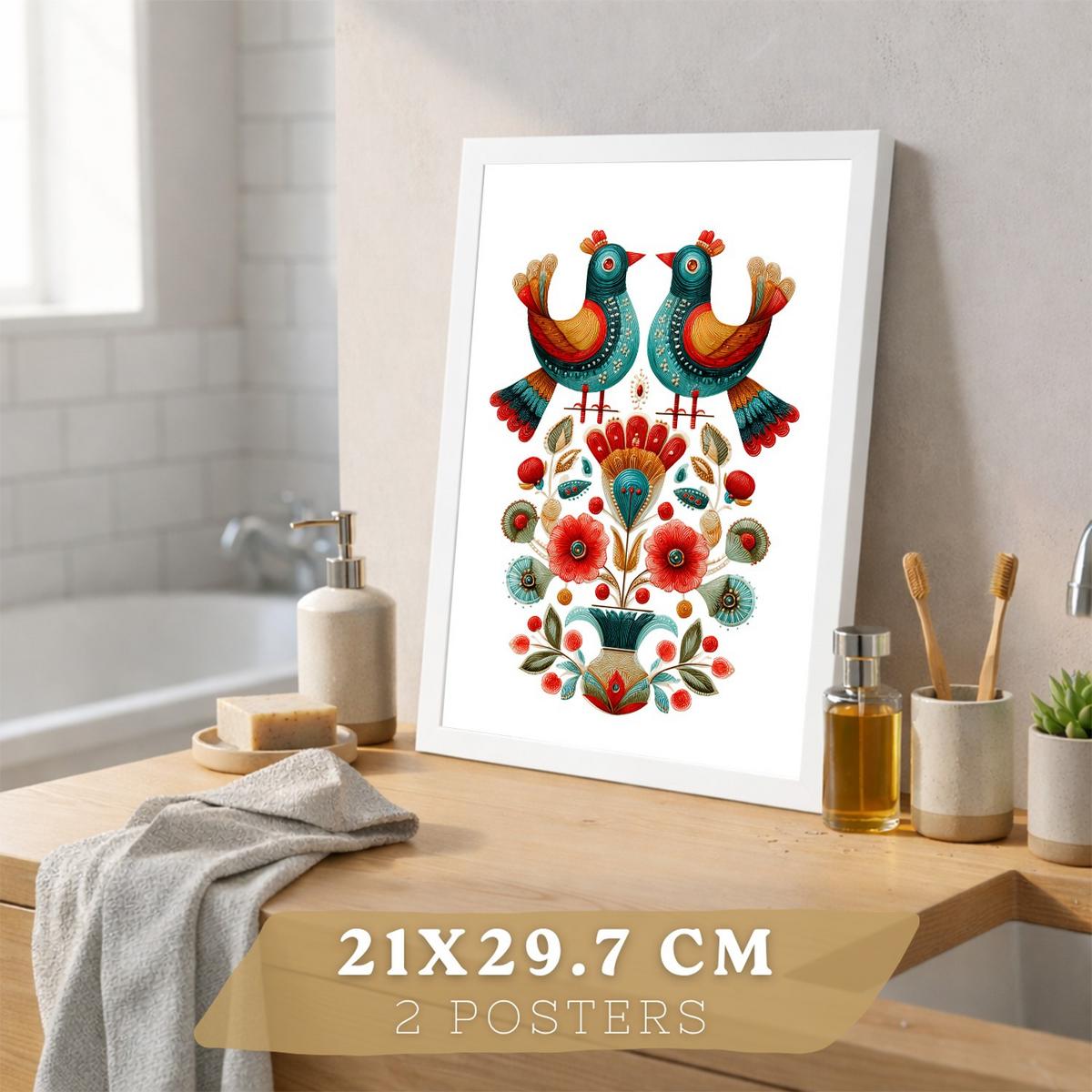 POSTER 2er-Set dekorative Badezimmer-Kunstdrucke, im Stil der Volkskunst für Wand, Toilette mit Vögeln und elegantem Blumen-Katzen Weißer Rahmen A4 - Weiß, Papier (29.7/21/3cm) - Nacnic