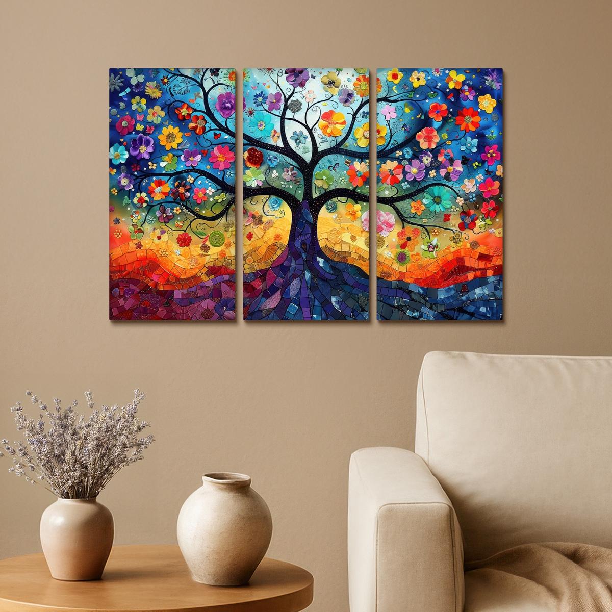 LEINWANDBILD 3er Set Bunt - Baum des Lebens - Blumen - Abstrakt 60x40 cm - Blau, Textil (60/40cm) - MuchoWow