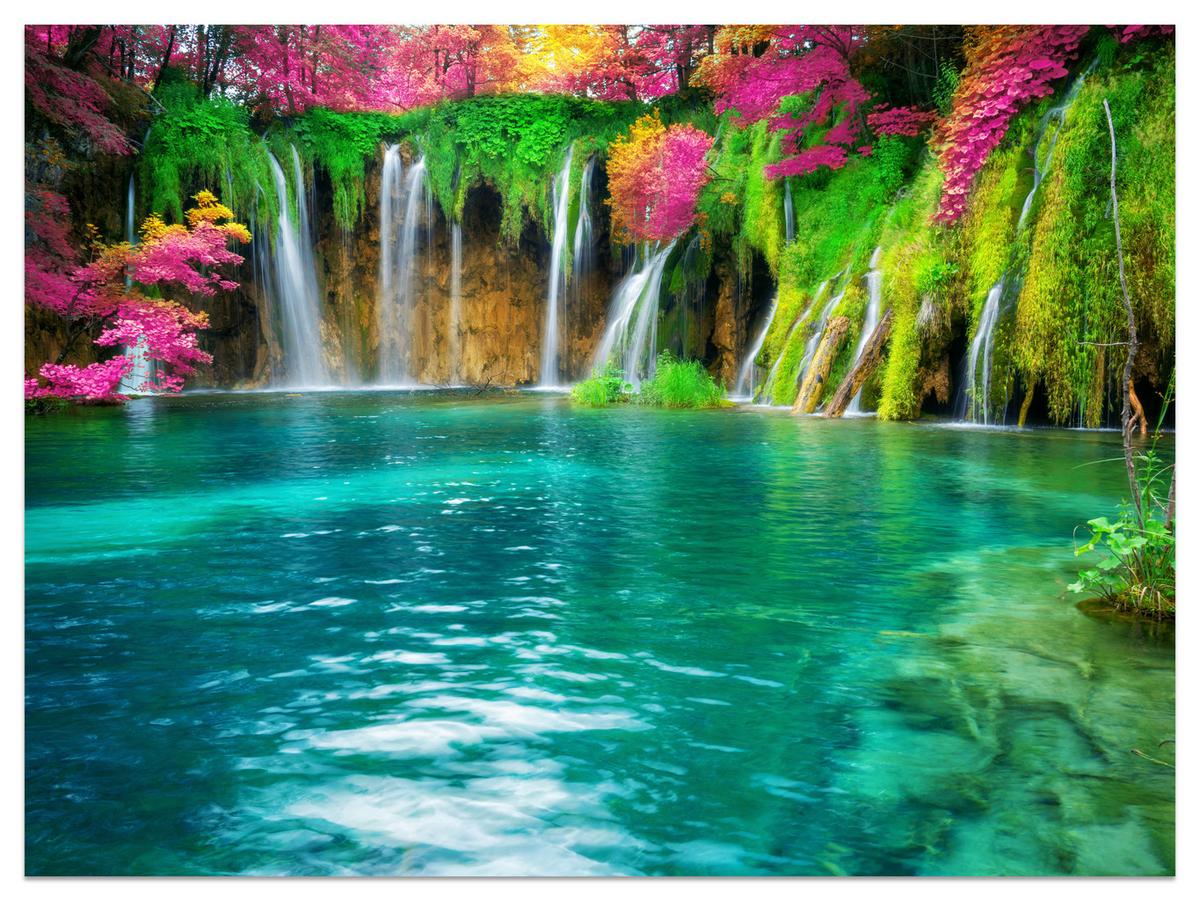 FOTOTAPETE für Küche Exotischer Wasserfall Bäume Pflanzen Tropisch 300x210 - Türkis/Violett, Papier (300/210cm) - Muralo
