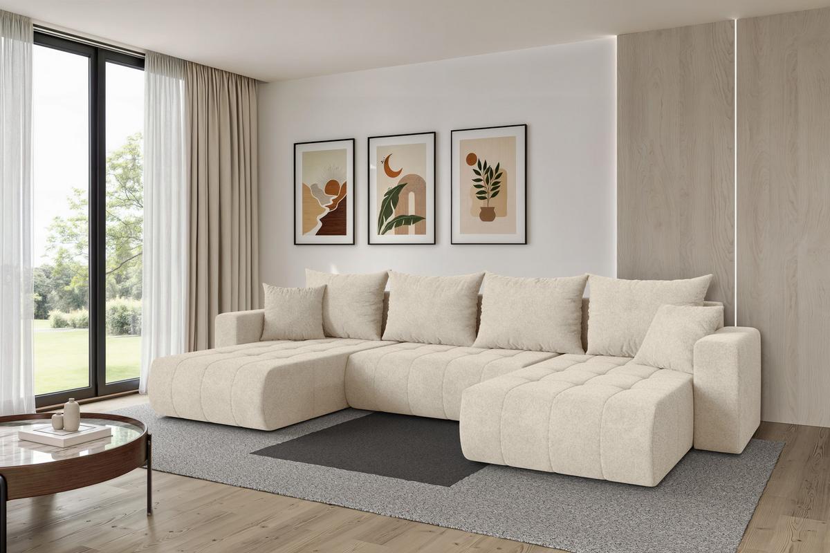WOHNLANDSCHAFT mit Schlaffunktion und Bettkasten MILA-U 378x194x86 Creme Velours - Creme/Schwarz, Holzwerkstoff/Kunststoff (378/86/194cm) - ALTDECOR