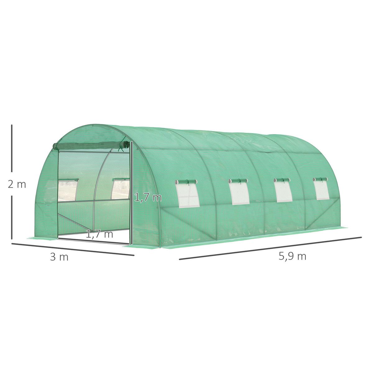 GEWÄCHSHAUS ca. 6 x 3 x 2 m Foliengewächshaus mit 8 Fenster, Rolltür, Aufrollbar Seitenwänden, UV-beständiger Folientunnel, Grün - Grün, Kunststoff (300/200/590cm) - Outsunny