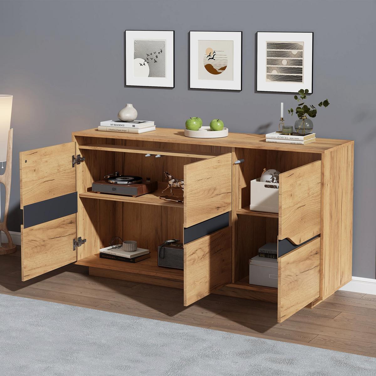 INDUSTRIE-SIDEBOARD in Holzoptik und Schwarz, 3 Türen - Beige, Textil (40/70/140cm) - Urban Meuble