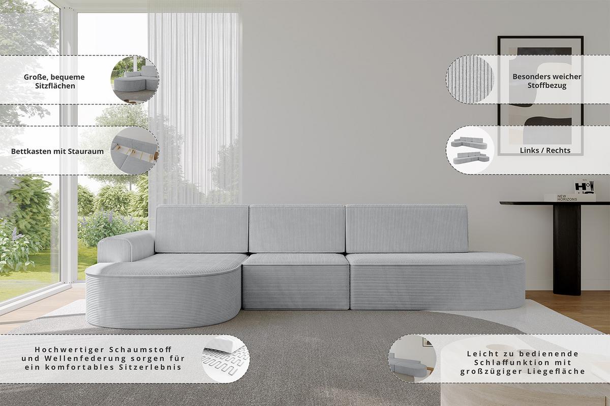 ECKSOFA mit Schlaffunktion Ottomane RECHTS MARI L2-S 368X167X85 Hellgrau Velours - Edelstahlfarben/Schwarz, Holzwerkstoff/Kunststoff (167/368cm) - ALTDECOR