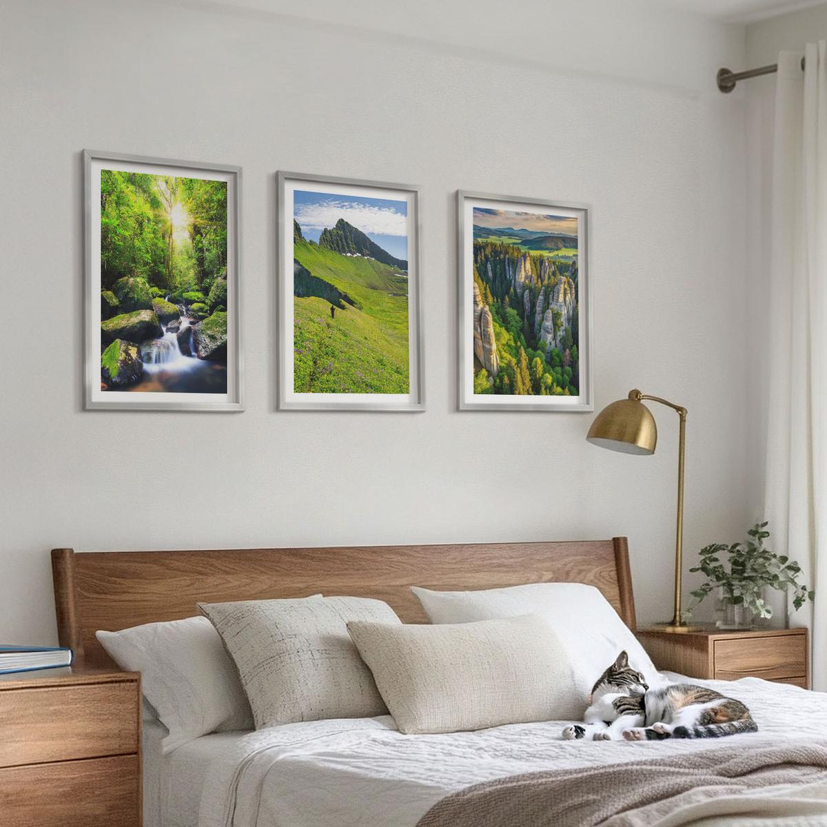 BILDER SET 3er Set - 40x60 cm Silberner Rahmen - Grüne Berge Wasserfallwald - Silberfarben, Kunststoff (40/60cm) - TULUP