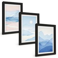 BILDER SET 3er Set - 20x30 cm Schwarzer Rahmen - Aquarell: Blau-rosa Berge - Schwarz, Kunststoff (20/30cm) - TULUP