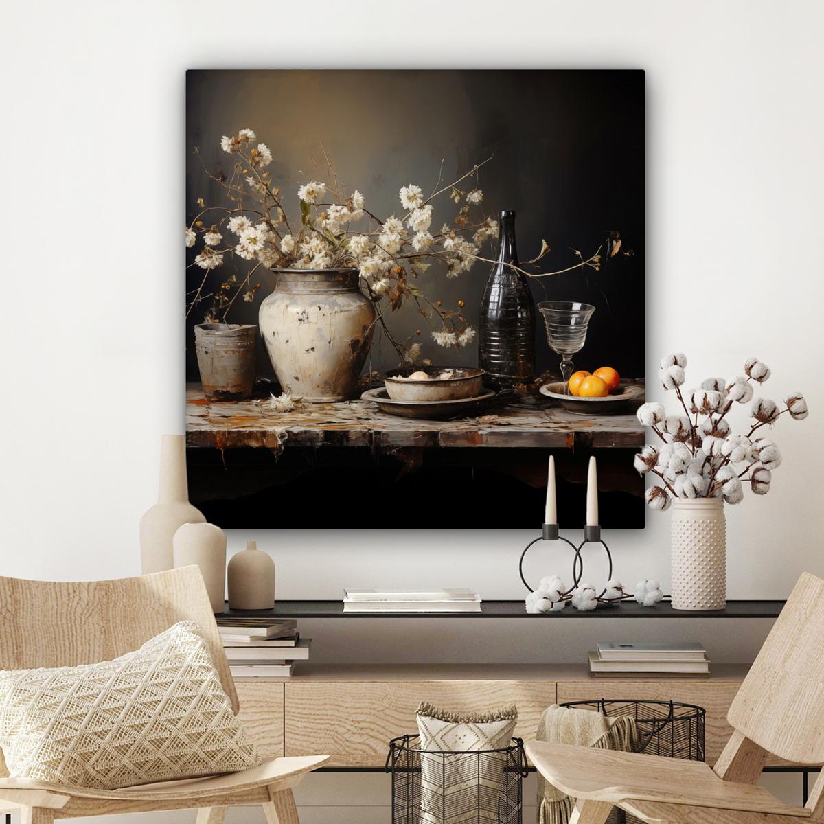 LEINWANDBILD Stilleben - Blumen - Blumenstrauß - Vase - Wein Deko Groß 90x90 cm - Schwarz, Textil (90/90cm) - MuchoWow