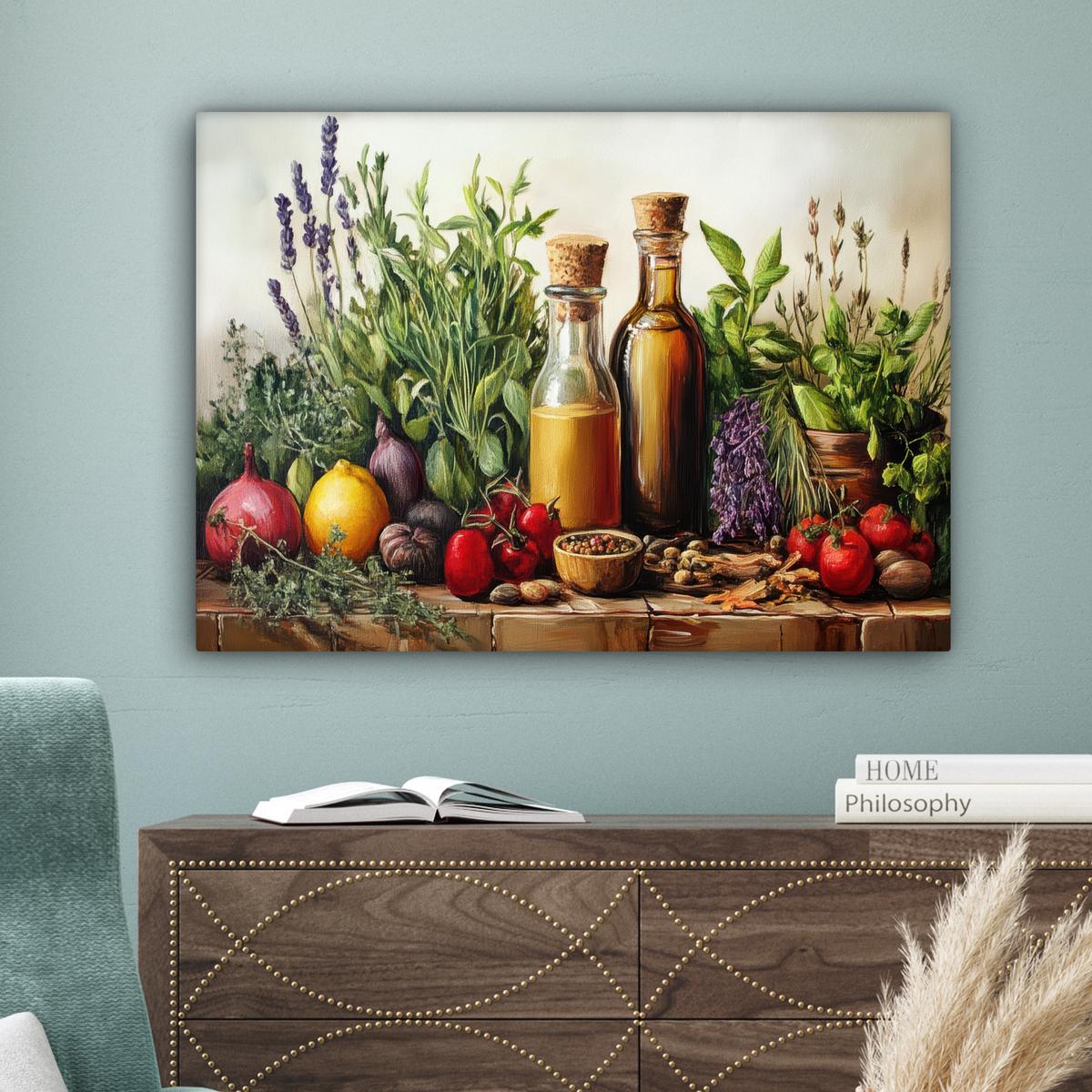 LEINWANDBILD Stilleben - Kräuter - Gewürze - Früchte - Farbenfroh Wandbilder 80x60 cm - Grün, Textil (80/60cm) - MuchoWow