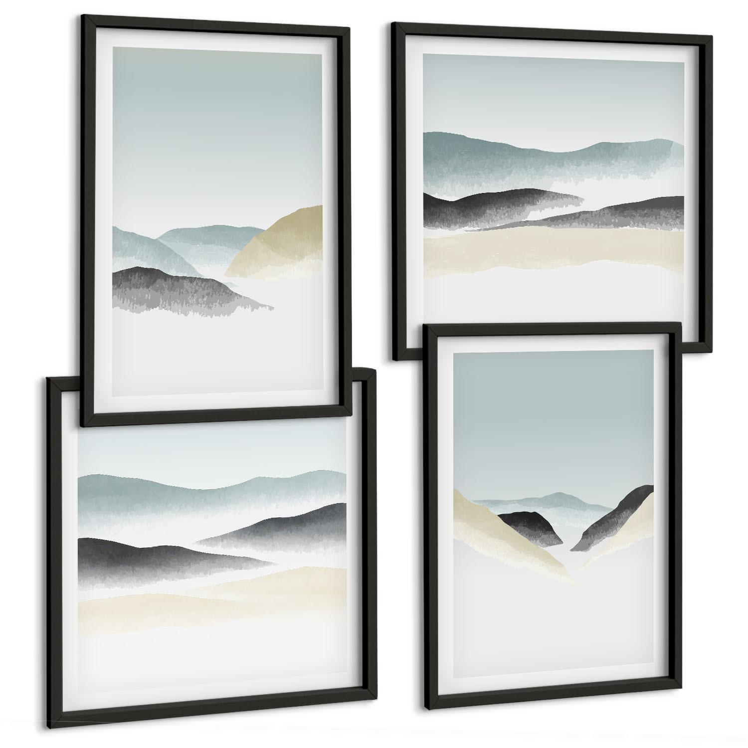 BILDER SET 4er Set - 50x50 cm & 40x60 cm Schwarzer Rahmen - Berge minimalistische Pastellfarben - Schwarz, Kunststoff (50/50cm) - TULUP