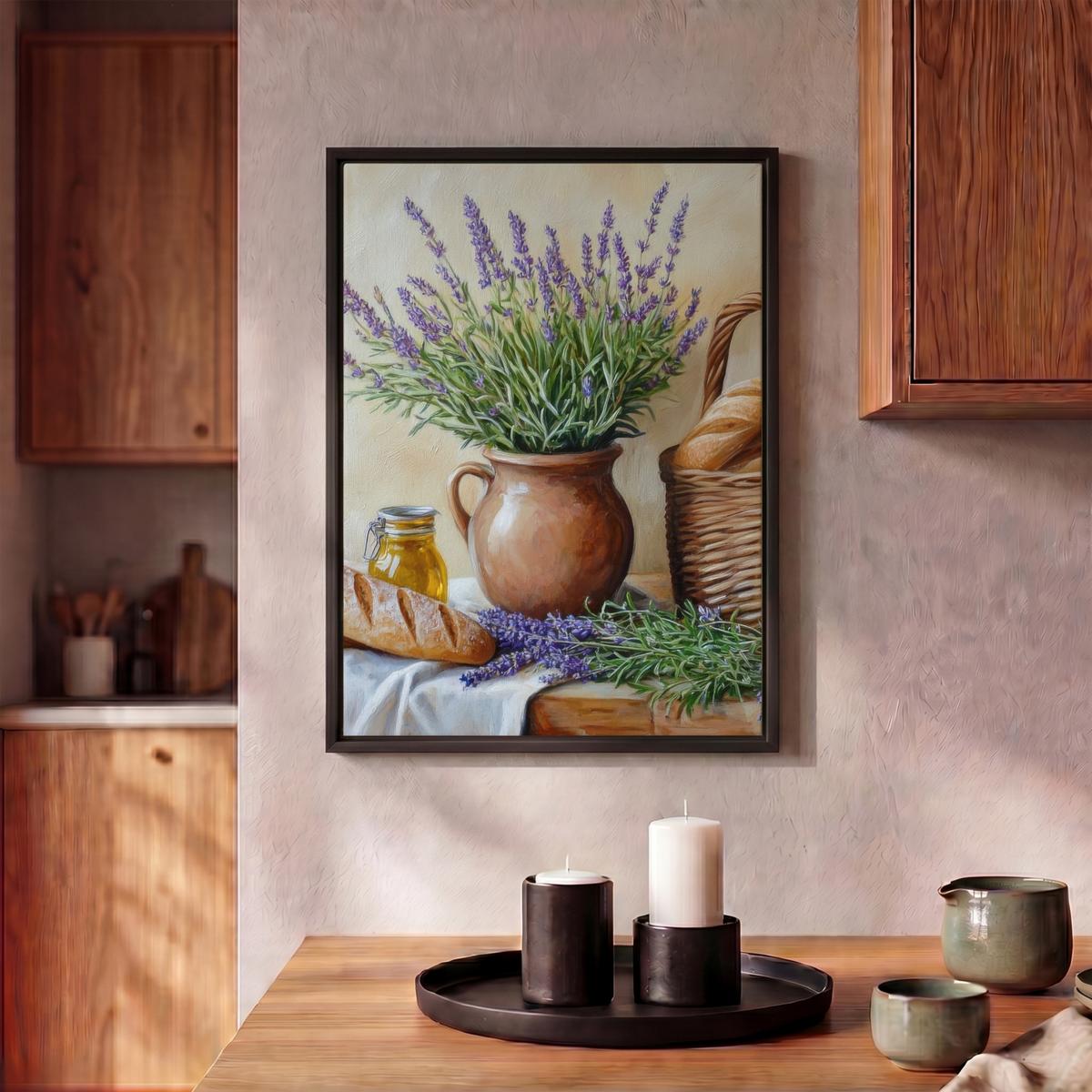 LEINWAND Bilder mit Rahmen - Lavendel - Brot - Stilleben - 30x40 - Flieder, Textil (30/40cm) - MuchoWow