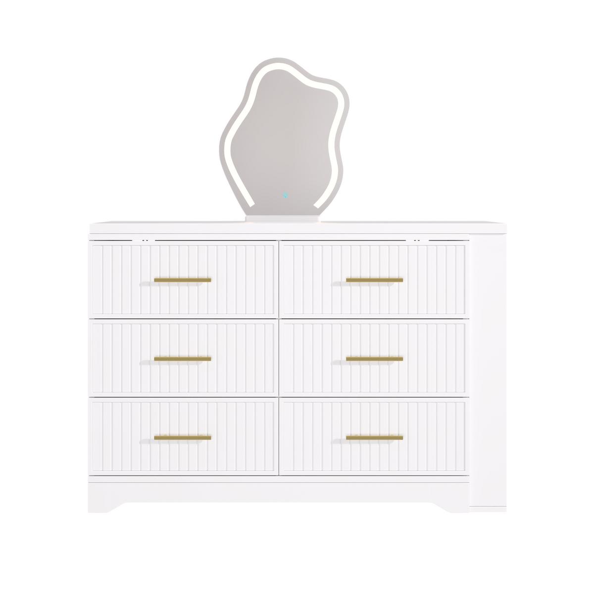 SCHMINKTISCH Drehbar L-Form Weiß Gold LED-Spiegel 6 Schubladen - Weiß, Holzwerkstoff (110/129/40cm) - Urban Meuble