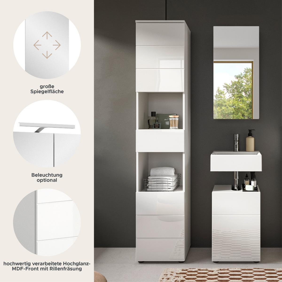 BADMÖBEL Set 3-teilig weiß Hochglanz 91 x 190 cm, Badkombination modern - Weiß Hochglanz/Schwarz, Holzwerkstoff/Kunststoff (91/190/34cm) - Inn.Furn