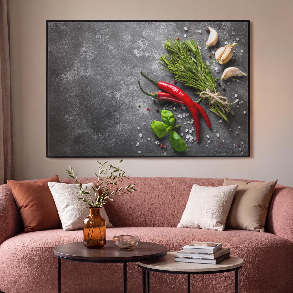 LEINWAND Bilder mit Rahmen - Pfeffer - Kräuter - Gewürze - Beton - 150x100 - Dunkelgrau, Textil (150/100cm) - MuchoWow