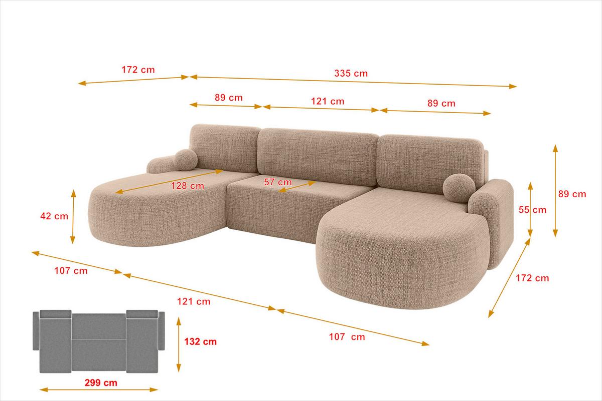 WOHNLANDSCHAFT mit Schlaffunktion und Bettkasten LIRA-U - 335x172x89 Dunkelbeige - Cappuccino, Holzwerkstoff/Textil (335/89/172cm) - ALTDECOR
