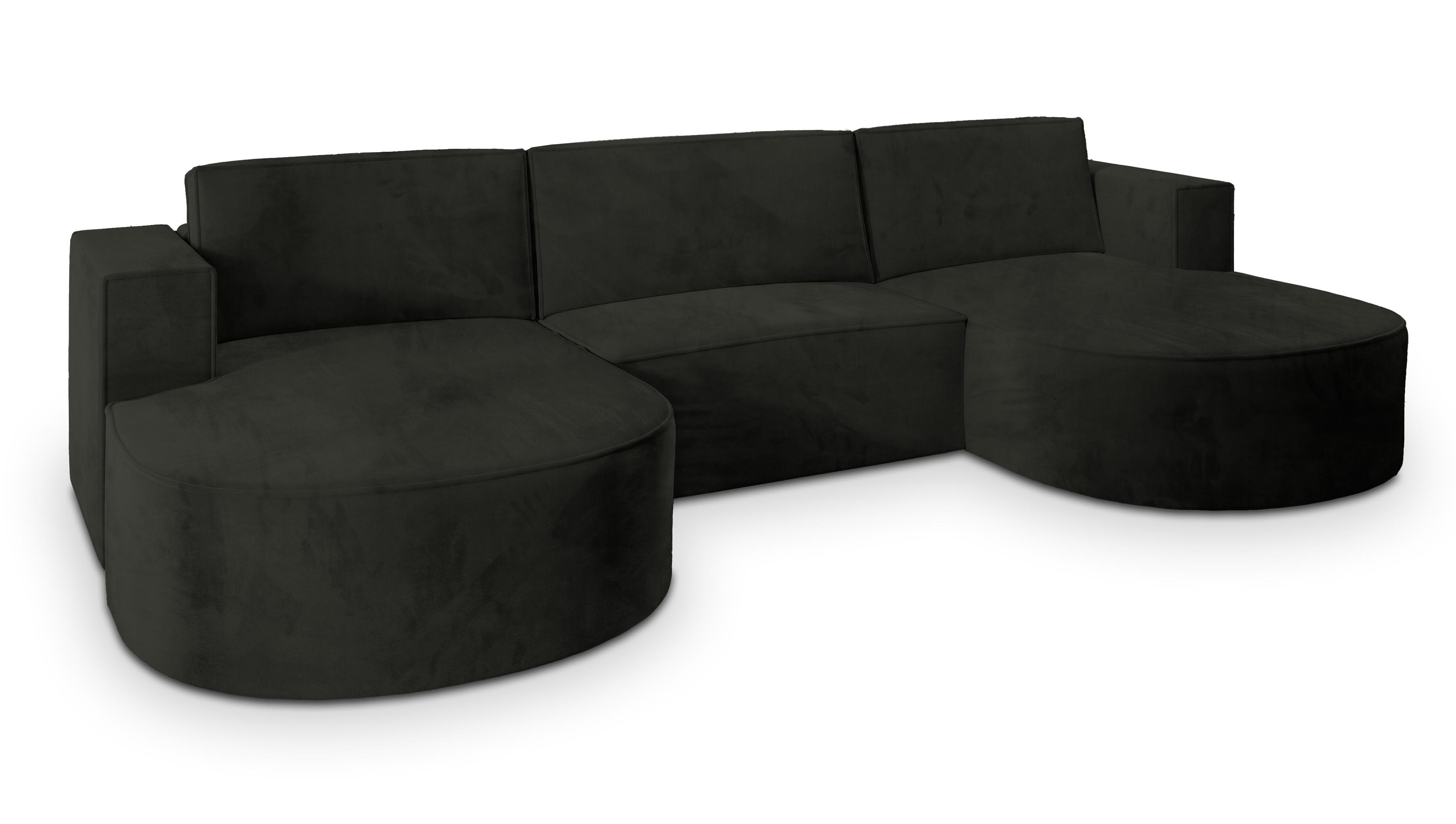 WOHNLANDSCHAFT VEZZO M Schwarz Velours-Stoff mit Schlaffunktion - Schwarz, Holz (347/85/174cm) - MASSENO