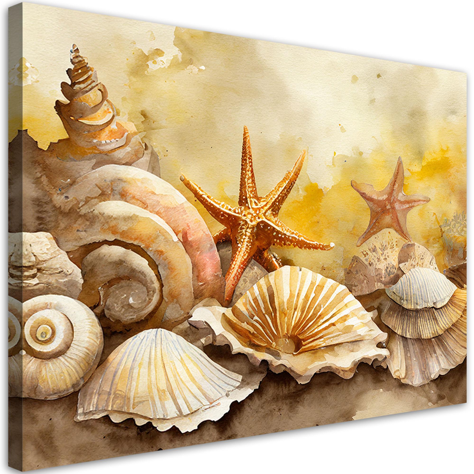 LEINWANDBILD Muscheln und Seesterne gemalt 100x70cm - Gelb, Textil (100/70cm) - Feeby