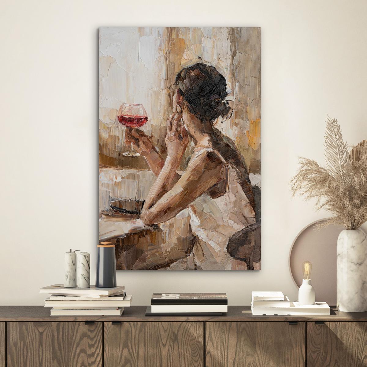 METALLBILD Ölgemälde - Frau - Wein Deko Schlafzimmer 40x60 cm - Hellbraun, Metall (40/60cm) - MuchoWow