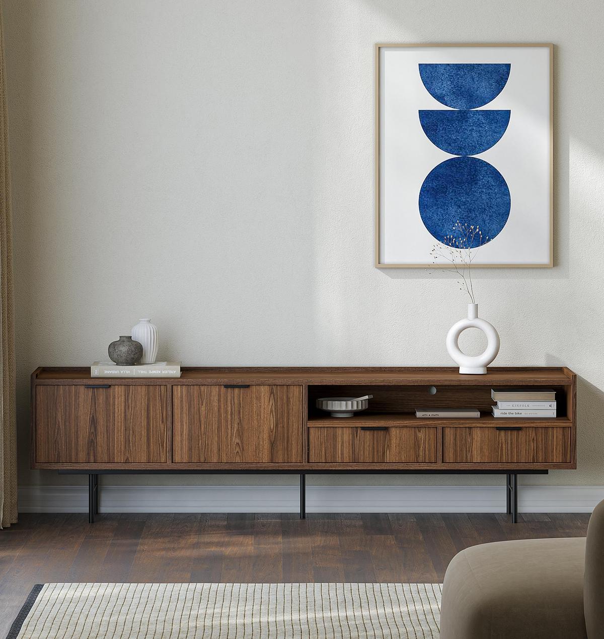 LOWBOARD Nordiva 2T 2S Warmia Walnut 200/55/40 cm – Metallgestell - Walnussfarben/Schwarz, Holzwerkstoff/Metall (200/55/40cm) - AX Living