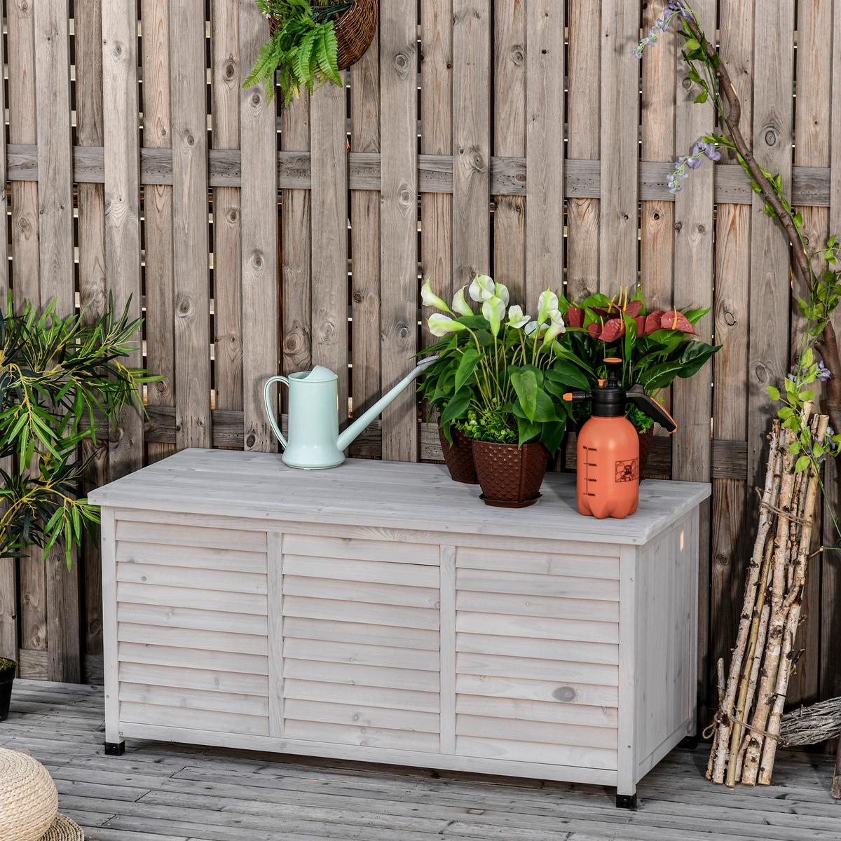 GARTENBOX Kissenbox Aufbewahrungsbox Gartentruhe, wetterbeständig, Massivholz, Grau - Hellgrau, Holz (56/60/127cm) - Outsunny