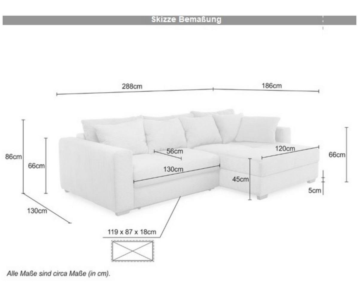 ECKSOFA-DAUERSCHLÄFER Federkern Bettkasten, seitenverkehrt montierbar B288/T186/H86 cm, Liegefl. 153x245 cm, Cord Grün / 15156 - Eichefarben/Grün, Holz/Textil (288/186cm) - luma-home