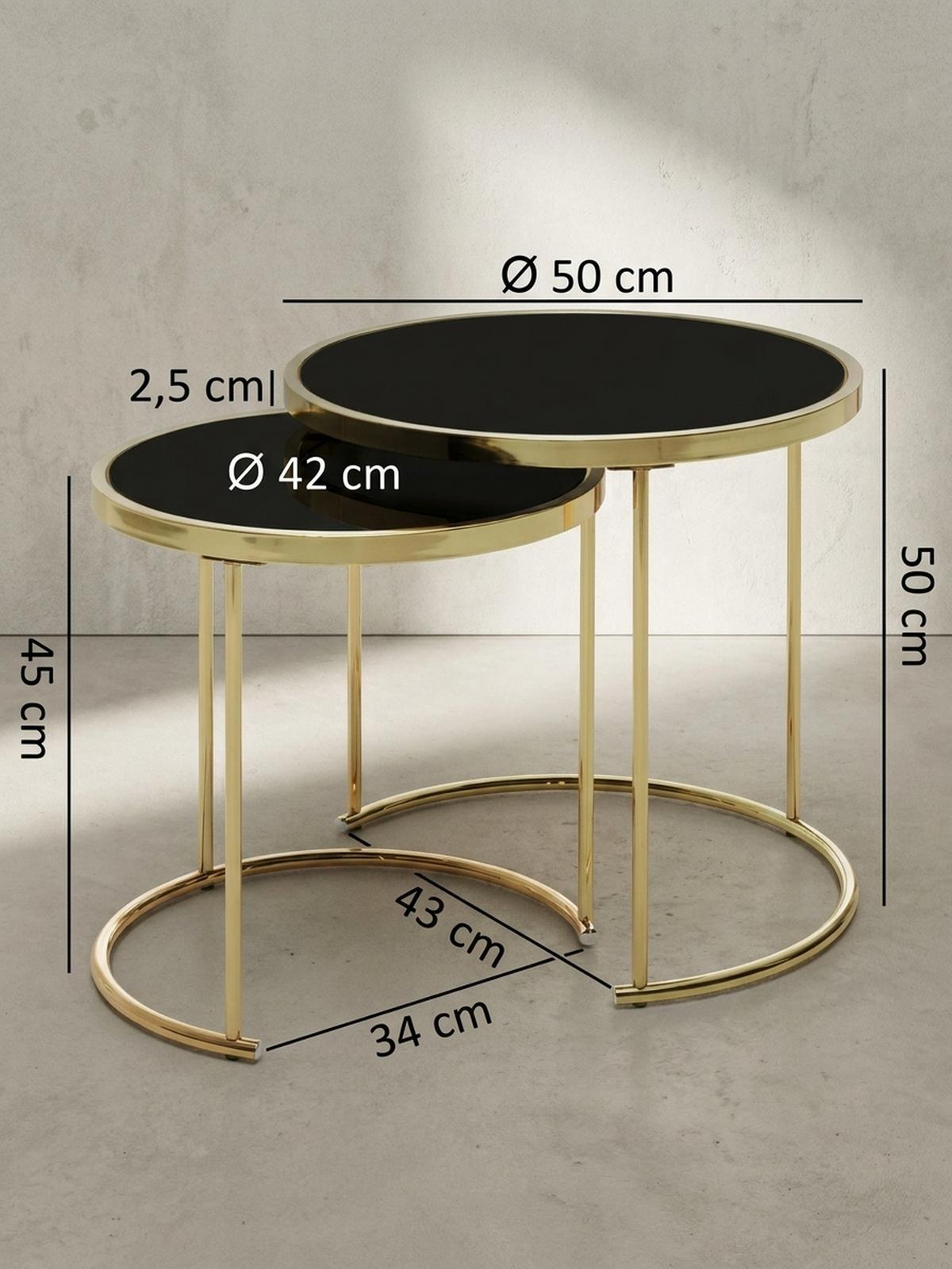 SATZTISCH Set – 2-teilig Metall Hochglanz schwarzes Glas 50/42 cm - Goldfarben/Schwarz, Glas/Metall (50/50/50cm) - KADIMA DESIGN