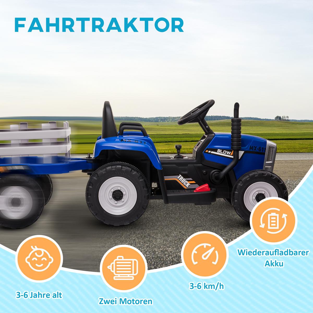 ELEKTRISCHER Traktor Kinder Aufsitztraktor mit MP3 Funktion, 3-6KM/H, Blau - Blau, Metall (136.5/50/52.5cm) - HOMCOM