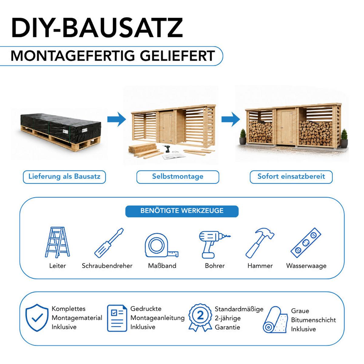 BRENNHOLZLAGER aus Holz mit geschlossenem Stauraum 6,18 m², zwei Lagerbereiche für ca. 7,38 m³ Brennholz, 564 x 146 x 199 cm (B x T x H) - Naturfarben, Holz (564/199/146cm) - Timbela