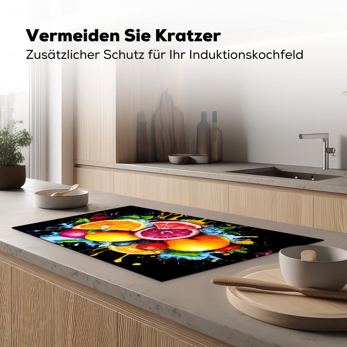 HERDABDECKPLATTE Obst - Graffiti - Bunt - Orange - Erdbeere - Abstrakt Ceranfeldabdeckung 85x52 cm - Orange, Kunststoff (85/52/0.2cm) - MuchoWow
