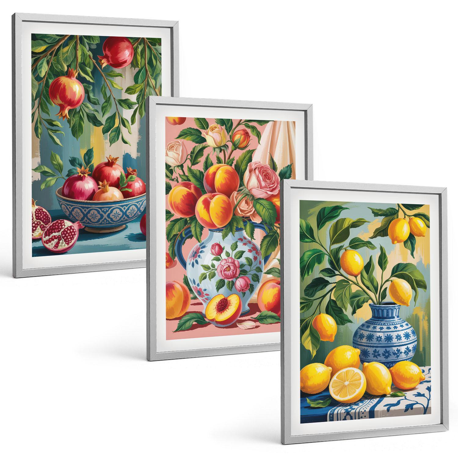 BILDER SET 3er Set - 40x60 cm Silberner Rahmen - Fruchtzusammensetzung von Granatäpfeln - Silberfarben, Kunststoff (40/60cm) - TULUP