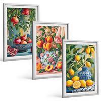 BILDER SET 3er Set - 40x60 cm Silberner Rahmen - Fruchtzusammensetzung von Granatäpfeln - Silberfarben, Kunststoff (40/60cm) - TULUP