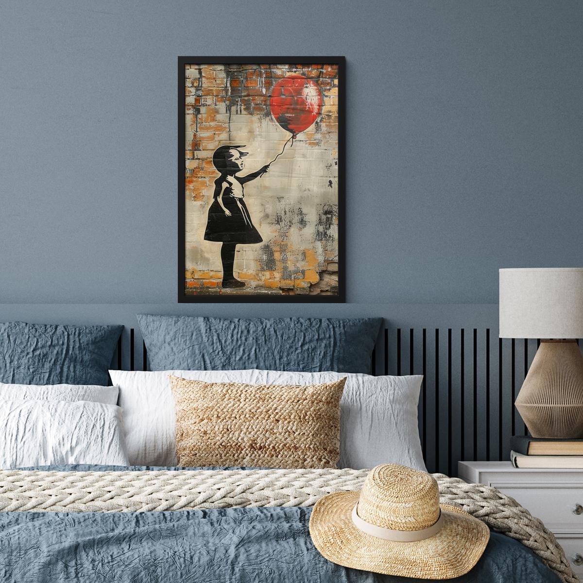 POSTER MIT RAHMEN Graffiti - Banksy - Mädchen - Straßenkunst Bilder mit Rahmen 40x60 cm - Sandfarben, Papier (40/60cm) - MuchoWow