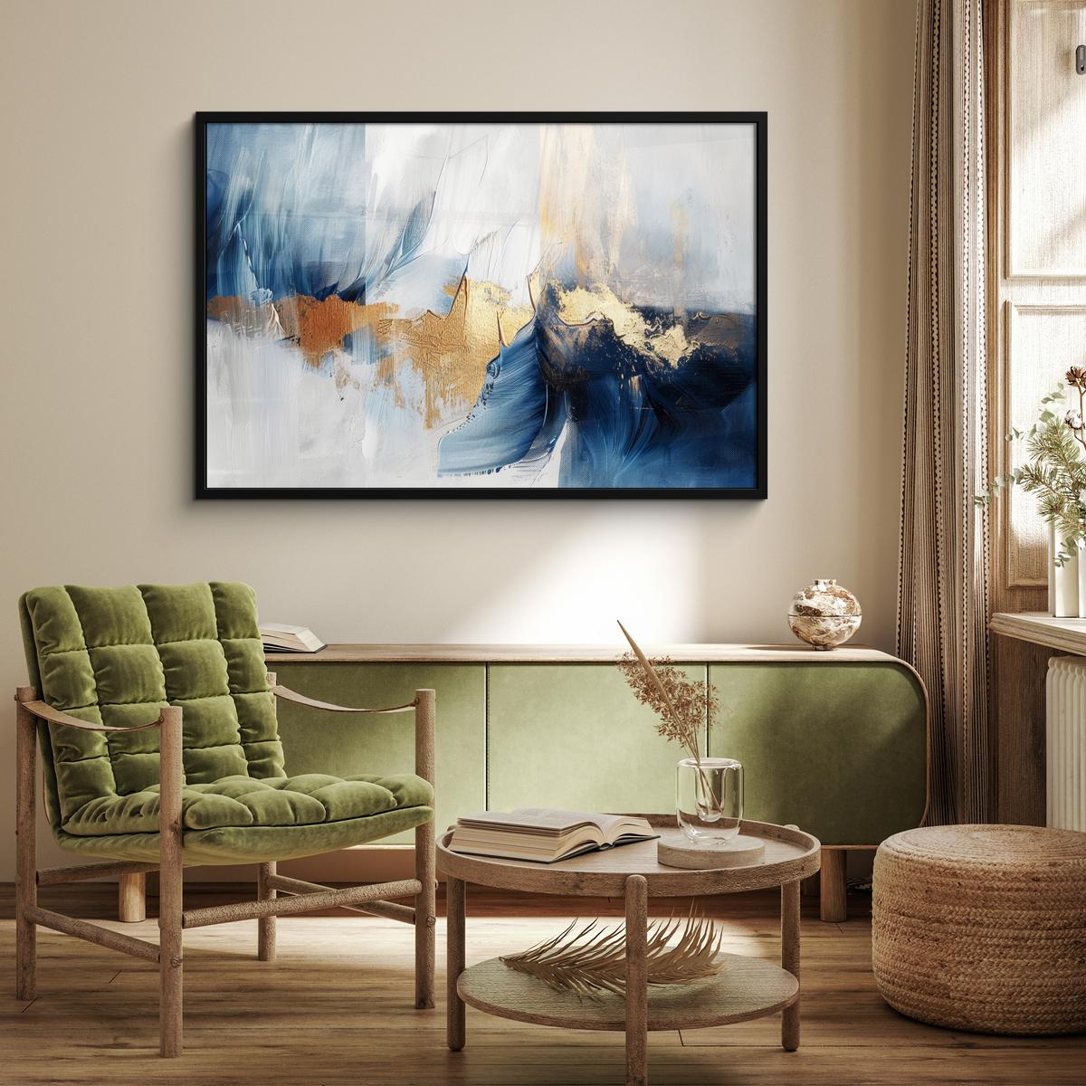 POSTER MIT RAHMENGERAHMTES BILD Gold - Blau - Aquarell - Kunst - Modern 120x80 cm - Hellblau, Papier (120/80cm) - MuchoWow