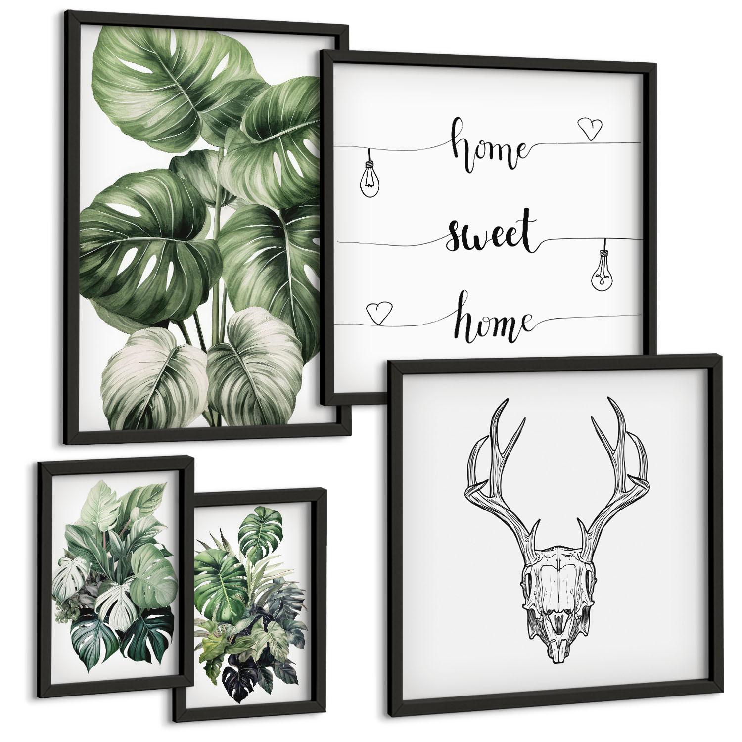 BILDER SET 5er Set - 50x50 cm & 20x30 cm & 40x60 cm Schwarzer Rahmen - Ausblicke auf Berge, Flüsse und Wasserfälle - Schwarz, Kunststoff (40/60cm) - TULUP