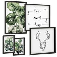 BILDER SET 5er Set - 50x50 cm & 20x30 cm & 40x60 cm Schwarzer Rahmen - Ausblicke auf Berge, Flüsse und Wasserfälle - Schwarz, Kunststoff (40/60cm) - TULUP