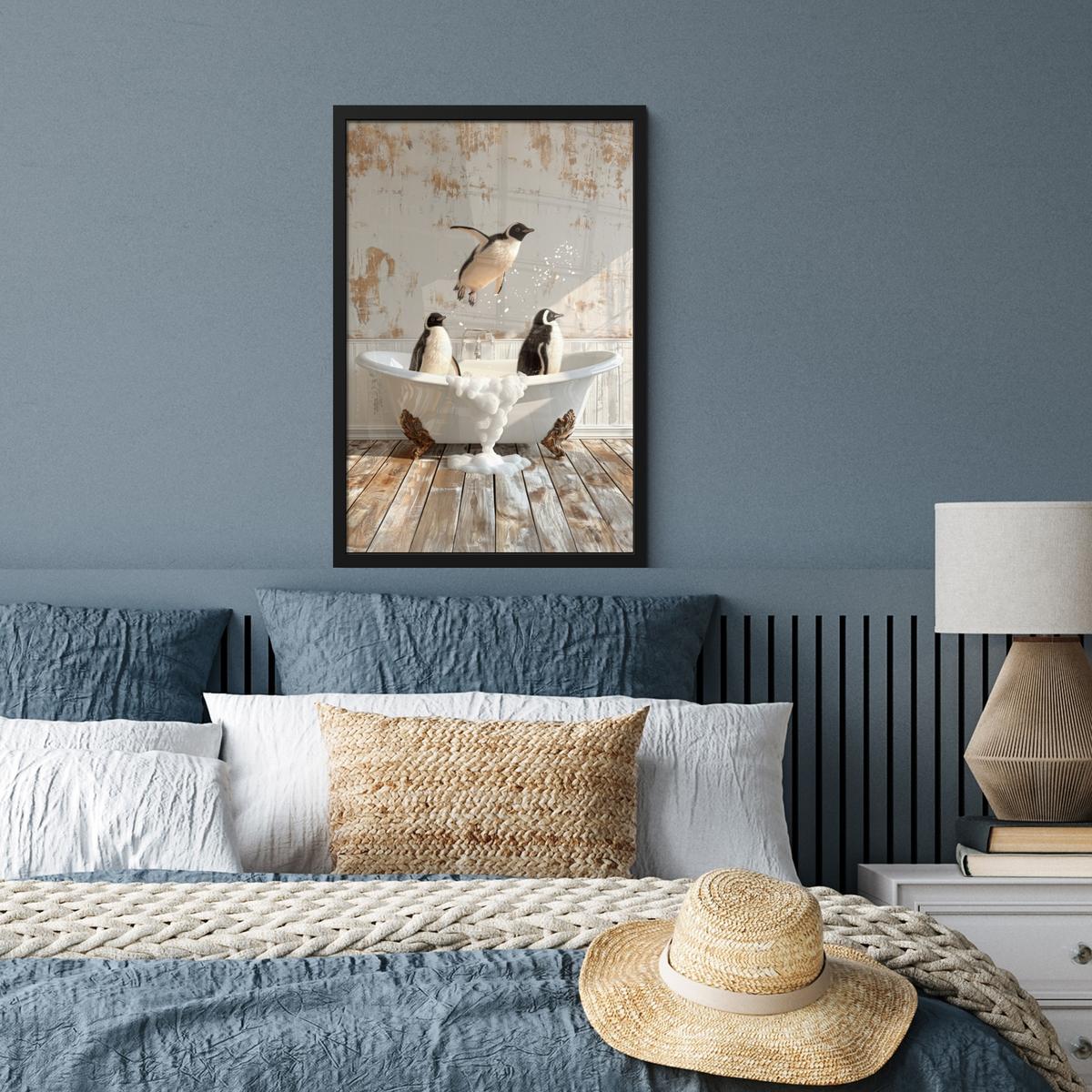 POSTER MIT RAHMEN Vintage - Pinguin - Badewanne - Schaumstoff Bilder mit Rahmen 40x60 cm - Schwarz, Papier (40/60cm) - MuchoWow