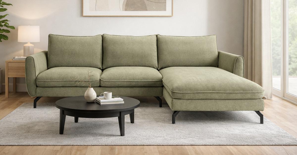 SOFA grün Webstoff 259 x 167 cm, Ecksofa 5-Sitzer, L-Sofa Ottomane rechts - Schwarz/Grün, Holz/Textil (259/167cm) - Inn.Furn