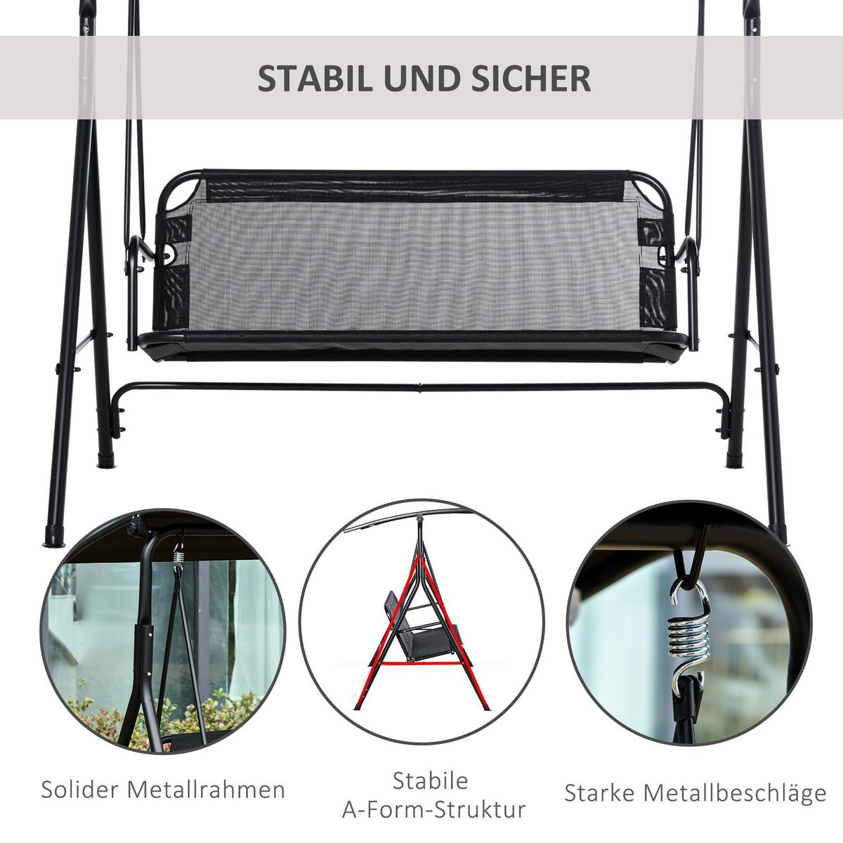 HOLLYWOODSCHAUKEL, UV-beständig, Metallrohr, winkeleinstellbar, Schwarz - Schwarz, Metall (110/155/172cm) - Outsunny