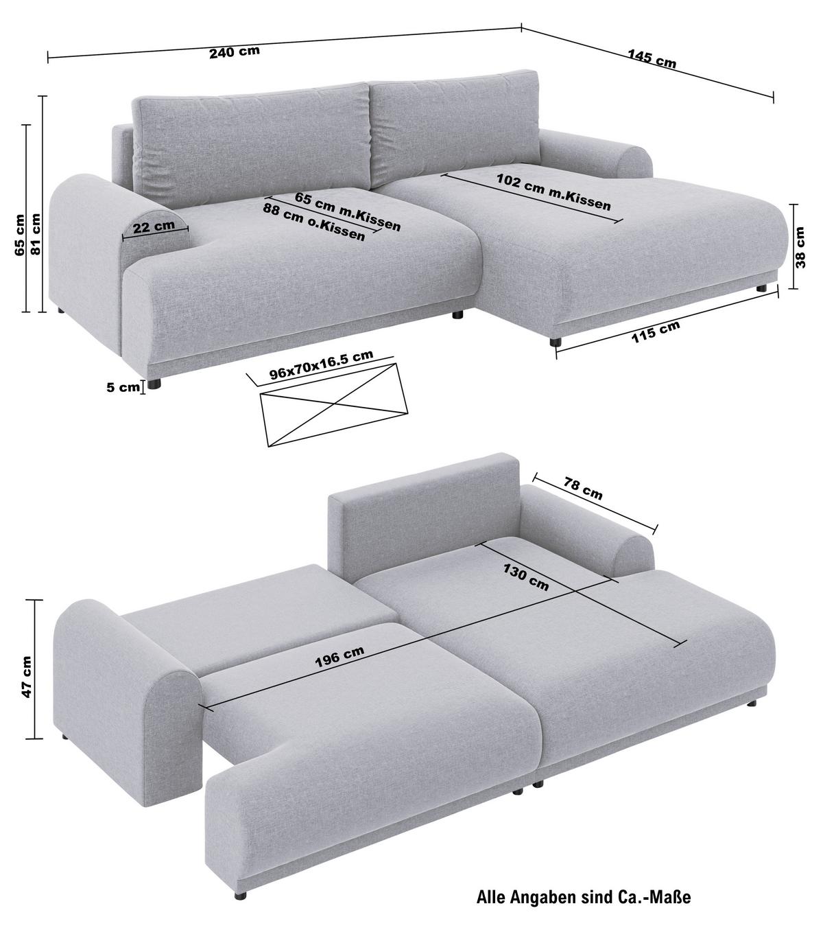 ECKSOFA mit Schlaffunktion, Bettkasten, extrabreite Ottomane rechts, abgerundete Armlehnen, B240/T145/H81 cm, Strukturstoff Beige / 21031 - Beige/Schwarz, Kunststoff/Textil (240/145cm) - luma-home