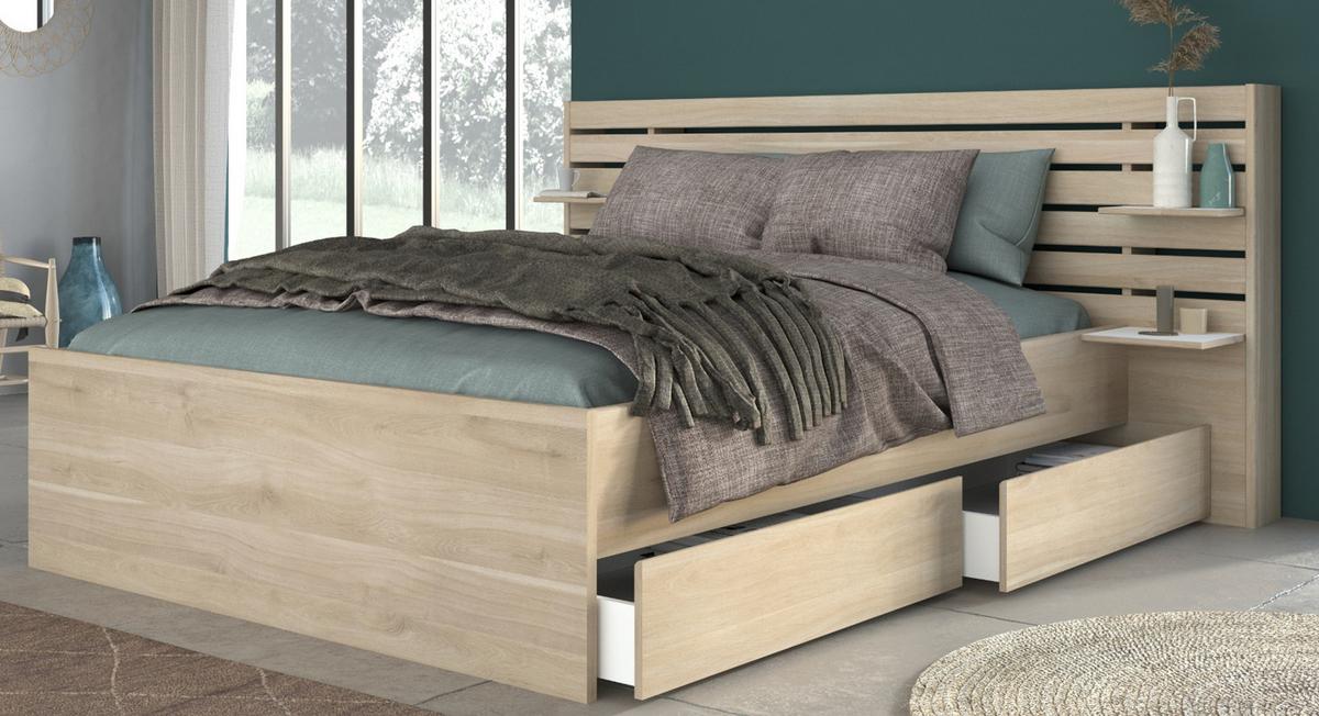 STAURAUMBETT Bett 160 x 200 cm 2x Bettschubkasten und Ablagen - Eichefarben, Holz/Holzwerkstoff (160/200cm) - Parisot Meuble