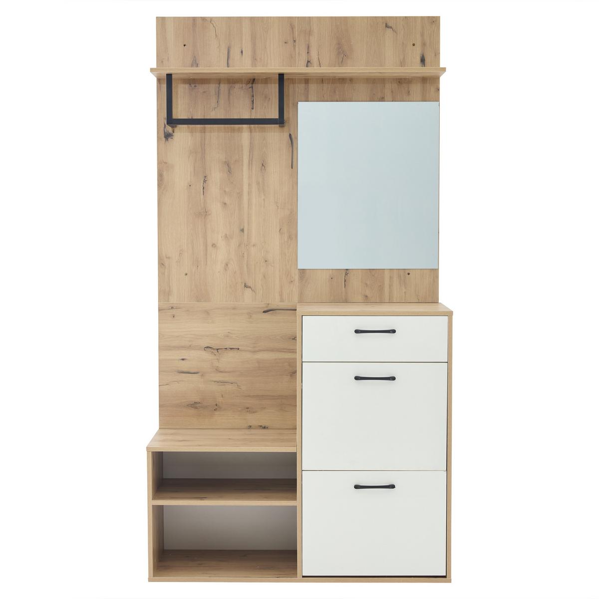 GARDEROBEN-SET 100 cm Weiß Hochglanz & Natur – Kompaktgarderobe mit Spiegel, Schuhbank & Klapptüren - Naturfarben, Holzwerkstoff (100/190/38.5cm) - Urban Meuble