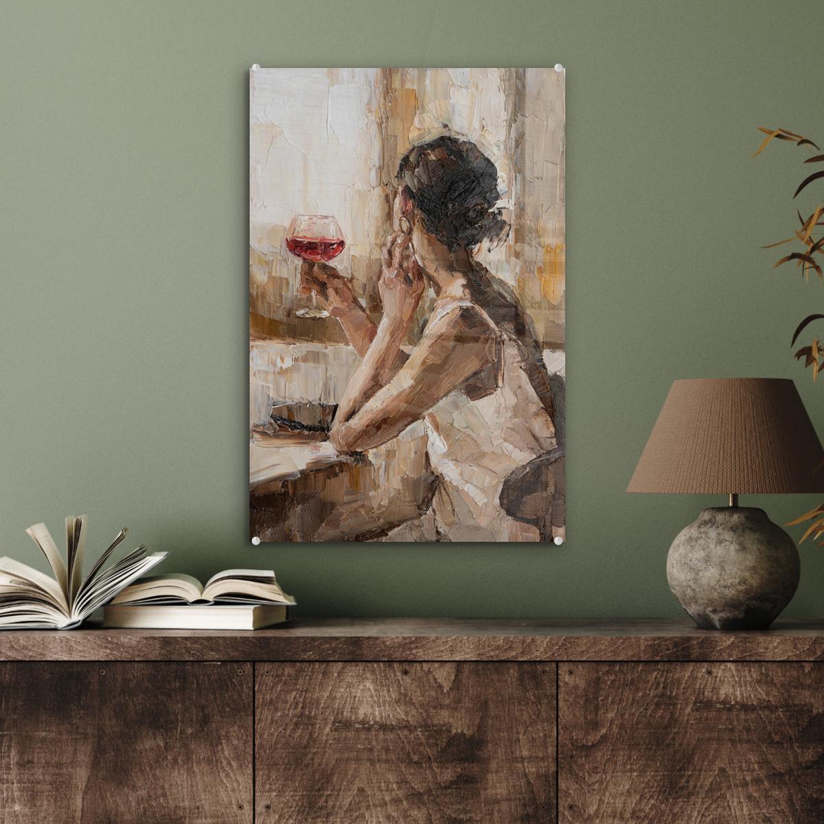 ACRYLGLASBILD Ölgemälde - Frau - Wein Wanddeko Wohnzimmer 40x60 cm - Hellbraun, Glas (40/60cm) - MuchoWow