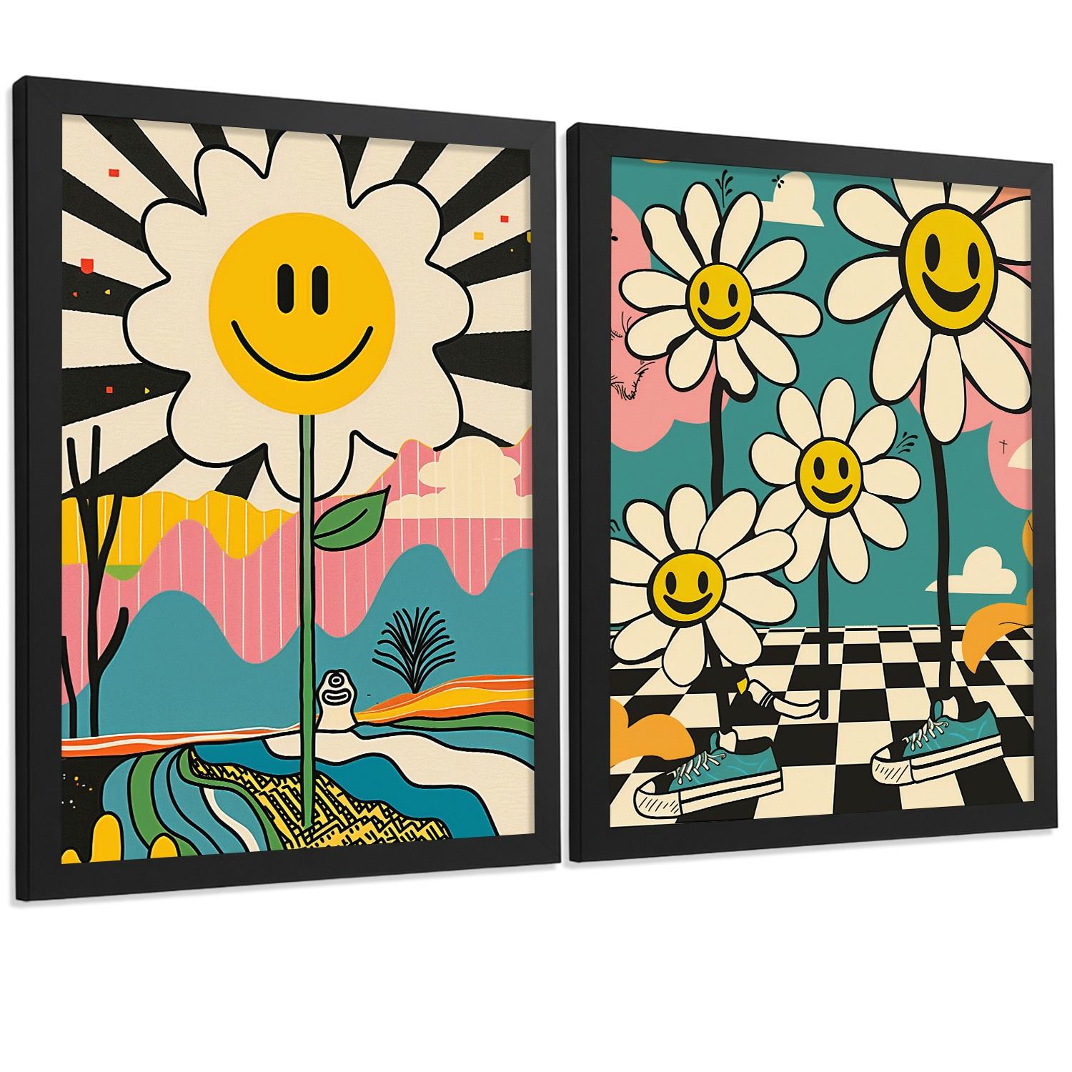 POSTER 4er Kunstdruck-Set Wandbilder Smiley Blume modern Wohnzimmer Deko, Schlafzimmer, Küche, Badezimmer Schwarzer Rahmen A3 - Schwarz, Papier (29.7/1/42cm) - Nacnic