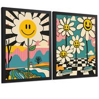 POSTER 4er Kunstdruck-Set Wandbilder Smiley Blume modern Wohnzimmer Deko, Schlafzimmer, Küche, Badezimmer Schwarzer Rahmen A3 - Schwarz, Papier (29.7/1/42cm) - Nacnic