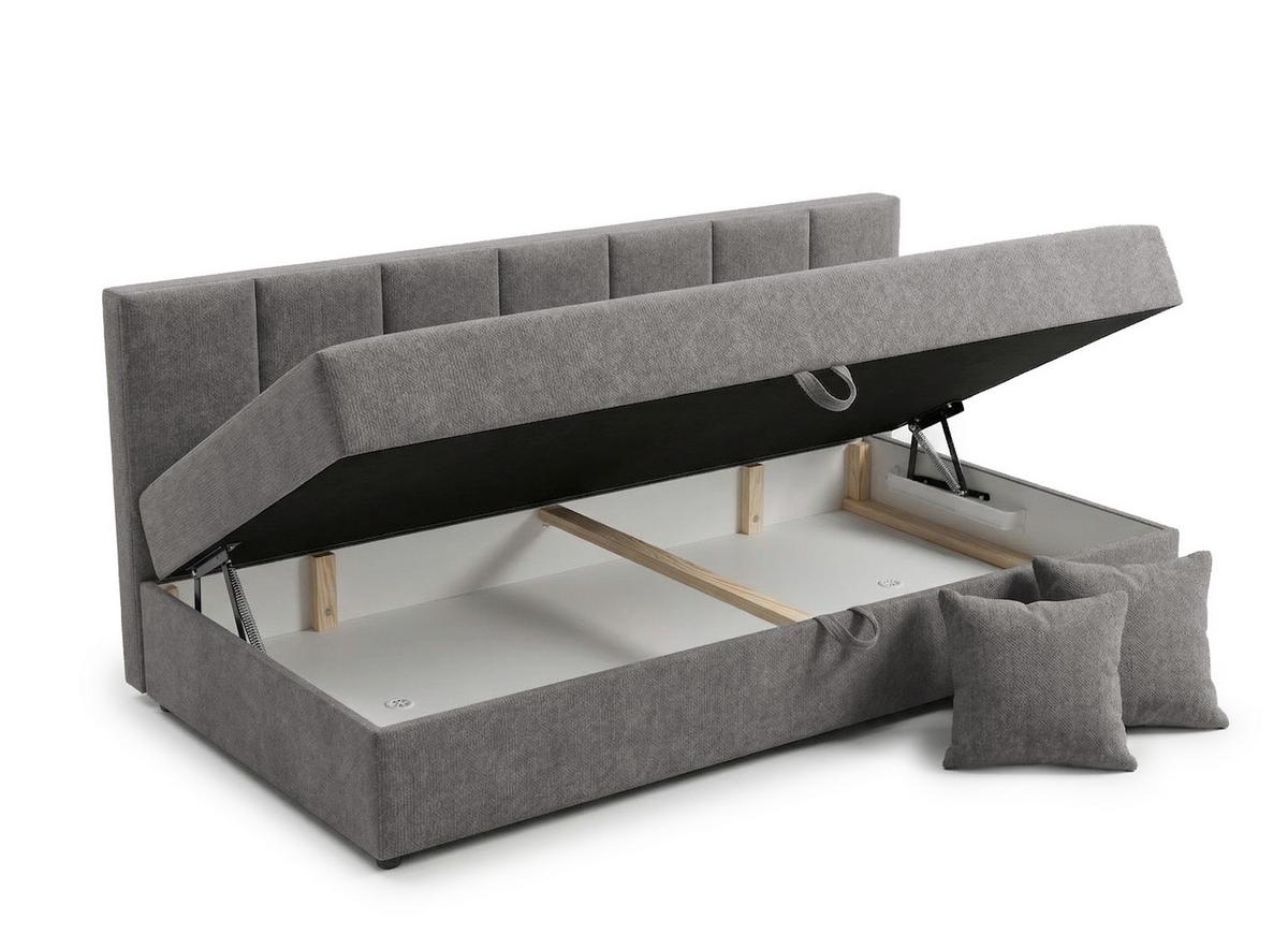 TAGESBETT Lenny mit Rückenlehne und großem Bettkasten aus Grau Chenille-Stoff - Schwarz/Grau, Holz/Kunststoff (90/200cm) - S-Style Möbel