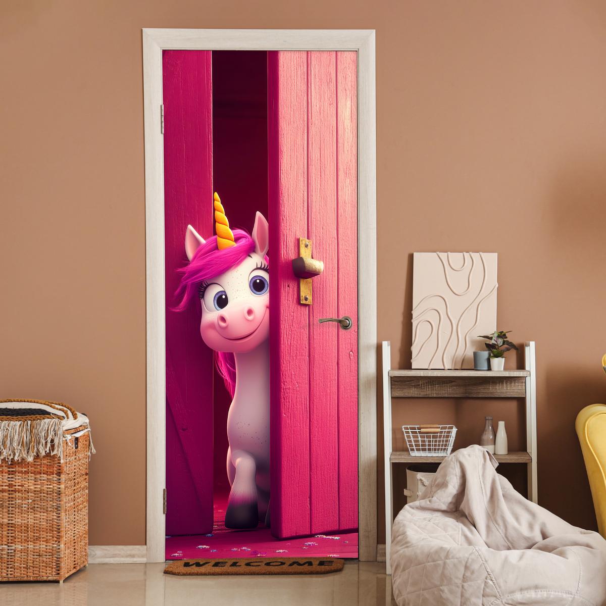 TÜRAUFKLEBER Einhorn - Rosa - Tür - Fantasie 90x235 cm - Türtapete - Pink, Kunststoff (90/0.1cm) - MuchoWow