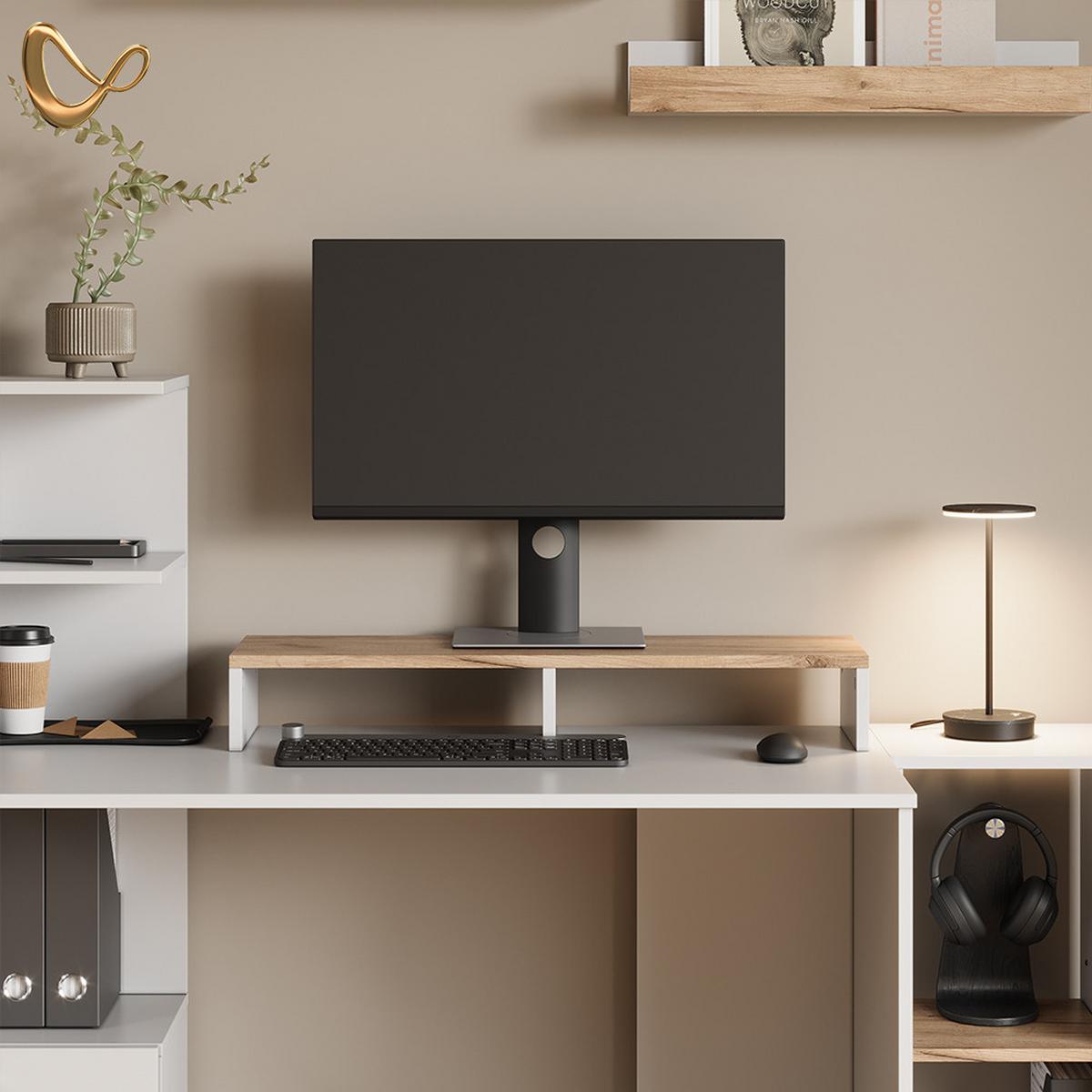 MONITORSTÄNDER Lorena Weiß/Goldkraft Eiche 80 x 12 cm - Honigeiche/Weiß, Holzwerkstoff (23.5/80/12cm) - Livinity®