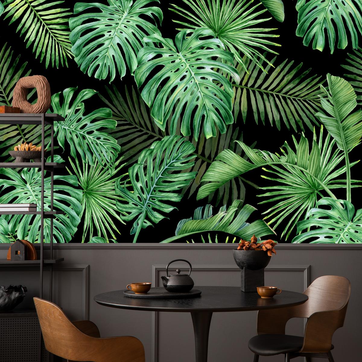 FOTOTAPETE für Schlafzimmer Exotische Grüne Monstera Palmen 400x280 - Schwarz/Grün, Papier (400/280cm) - Muralo